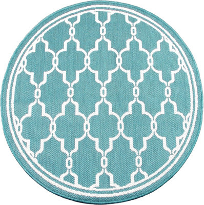 Teal Spanish Tile Garden Patio Rug - Weatherproof, Mould & Mildew Resistant Indoor Outdoor Mat - Round 120cm Diameter