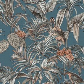Teal Tropical Wallpaper Birds Palm Textured Blue Cream Paste the Wall Vinyl