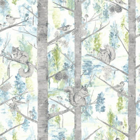 Teal Woodland Tree Wallpaper Metallic Squirrel Birds Green Non-Woven Grizedale