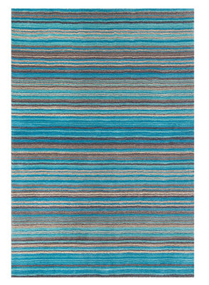 Teal Wool Rug, 1cm Thick Striped Rug, Handmade Luxurious Modern Rug for LivingRoom, Bedroom, & DiningRoom-80cm X 150cm