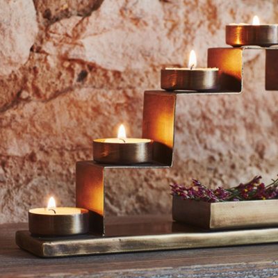Tealight Candle Holder with Decor Box in Antique Brass H16.5Cm W35.5Cm
