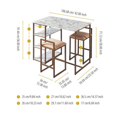 Teamson Home 3 Piece Dining Table & Chair Set - Modern Design - Faux Marble/Brass - 106.7 x 142.2 x 91.4 (cm)