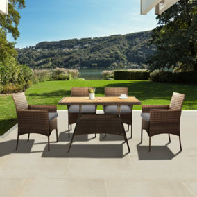 Teamson Home 5 Piece Outdoor Garden Dining Set, Rattan Garden Table & 4 Chairs with Cushions, Wooden Tabletop, Brown/Grey