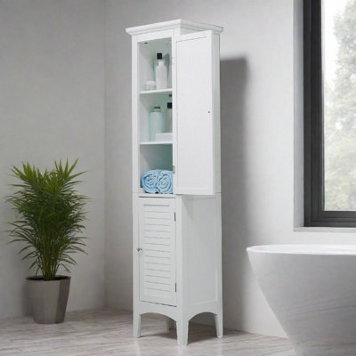 Teamson Home Bathroom Tall Column Cabinet, Wooden Cabinet with 2 Shutter Doors, Bathroom Storage, White, 38.1 x 33 x 160 (cm)