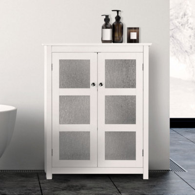 Bathroom storage cabinet with glass outlet doors