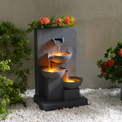 Teamson Home Garden Outdoor Water Feature, 3 Tier Cascading Bowl Design with Planter, With LED Lights, Grey