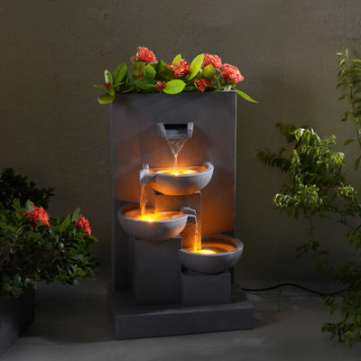 Teamson Home Garden Outdoor Water Feature, 3 Tier Cascading Bowl Design with Planter, With LED Lights, Grey