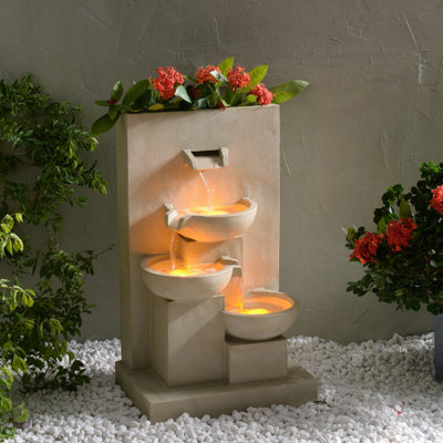 Teamson Home Garden Outdoor Water Feature, 3 Tier Cascading Bowl Design with Planter, With LED Lights, Natural