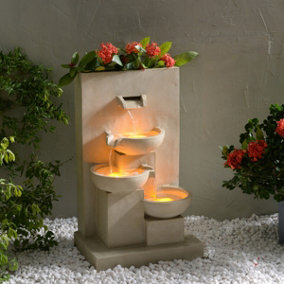 Teamson Home Garden Outdoor Water Feature, 3 Tier Cascading Bowl Design with Planter, With LED Lights, Natural