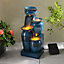 Teamson Home Garden Outdoor Water Feature, 4 Tier Cascading Bowl Design, Solar Powered, With LED Lights, Blue