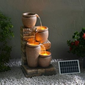 Teamson Home Garden Outdoor Water Feature, 4 Tier Cascading Bowl Design, Solar Powered, With LED Lights, Brown