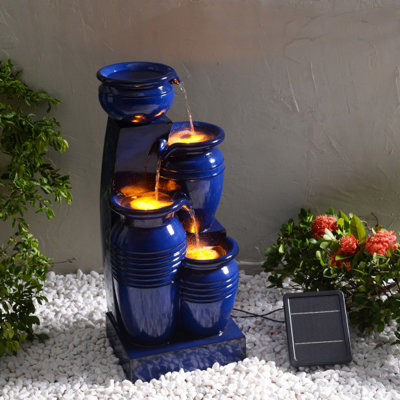 Teamson Home Garden Outdoor Water Feature, 4 Tier Cascading Bowl Design, Solar Powered, With LED Lights, Navy