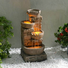 Teamson Home Garden Outdoor Water Feature, 4 Tier Cascading Bowl Design, With LED Lights, Brown