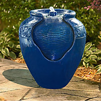 Teamson Home Garden Outdoor Water Feature, Floor Water Fountain, Glazed Pot Design, With LED Lights - Blue