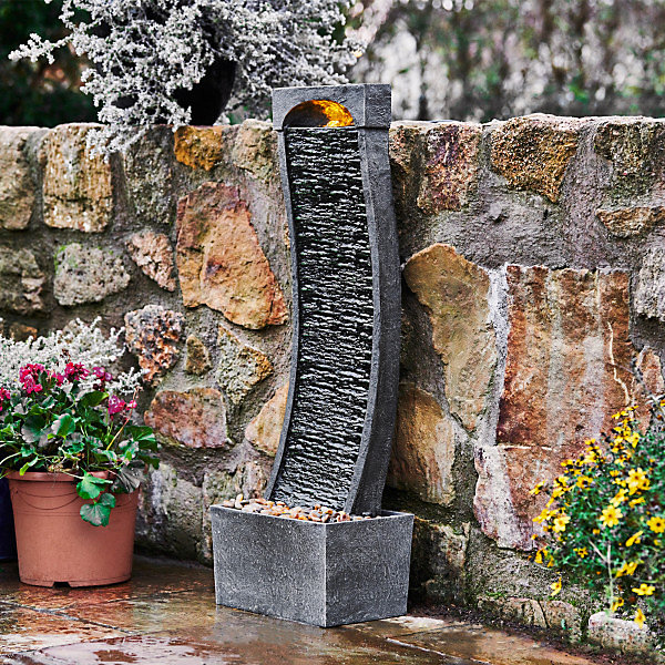 landsby Modish Human Teamson Home Garden Outdoor Water Feature, Large Curved Tall Water Fountain,  Waterfall Design, With LED Lights, Slate Effect | DIY at B&Q