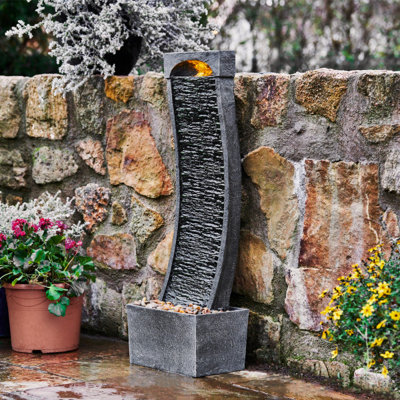 Teamson Home Garden Outdoor Water Feature, Large Curved Tall Water Fountain, Waterfall Design, With LED Lights, Slate Effect