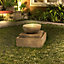 Teamson Home Garden Outdoor Water Feature, Large Square Water Fountain, 2 Tier Basin Design, With LED Lights - Light Brown