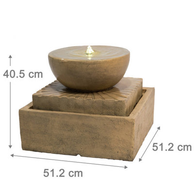 Teamson Home Garden Outdoor Water Feature, Large Square Water Fountain, 2 Tier Basin Design, With LED Lights - Light Brown