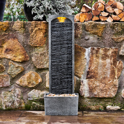Teamson Home Garden Outdoor Water Feature, Large Straight Tall Water Fountain, Waterfall Design, With LED Lights, Slate Effect