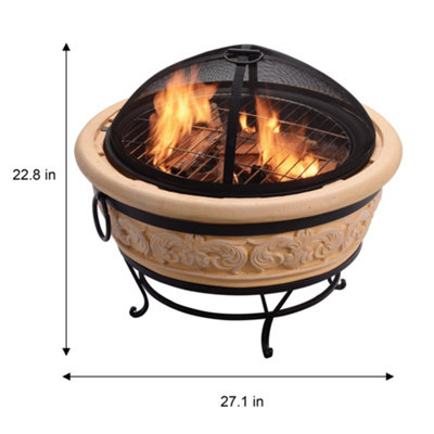Teamson Home HR26303AA-S Sand Wood Burning Fire Pit inc Poker, Grill, Lid