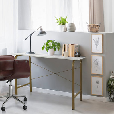 Teamson Home Modern Wooden Home Office Computer Desk with White Faux Marble Top and Brass Metal