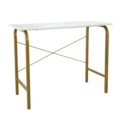 Teamson Home Modern Wooden Home Office Computer Desk with White Faux Marble Top and Brass Metal Frame - 100 x 40 x 73.6 (cm)