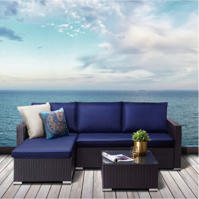 Teamson Home Outdoor Garden 3 Piece Corner Sofa Set with with Loveseat, Chaise Lounge, Table, and Cushions, Navy Blue/Brown