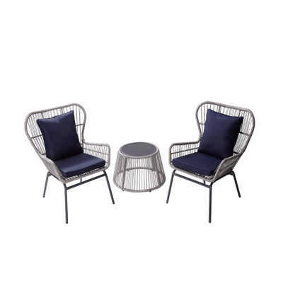 Teamson Home Outdoor Garden 3 Piece Wicker Bistro Set, 2 Chairs & Table, Patio Furniture - Blue/Grey