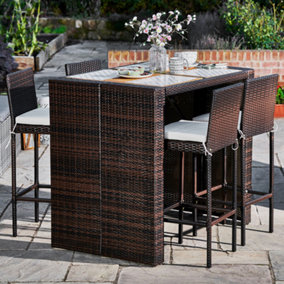 Teamson Home Outdoor Garden 5 Piece High Bar Dining Set, Rattan & Wooden Tabletop, Brown/Grey