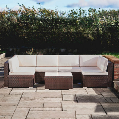 Teamson Home Outdoor Garden 7 Piece Large Corner Sofa Set with Cushions, Rattan & Glass Table, Brown