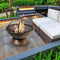 Teamson Home Outdoor Wood Burning Fire Pit, Round Bronze Metal Garden Heater, Log Burner, Includes Lid & Poker - 76 x 76 x 70 (cm)