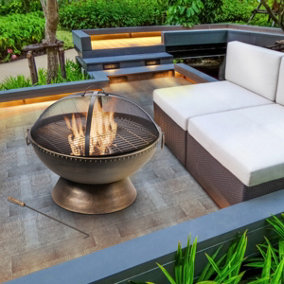 Teamson Home Outdoor Wood Burning Fire Pit, Round Bronze Metal Garden Heater, Log Burner, Includes Lid & Poker - 76 x 76 x 70 (cm)