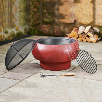 Teamson Home Outdoor Wood Burning Fire Pit, Round Concrete Garden Heater, Log Burner, Includes Lid & Poker - 53 x 53 x 47 (cm)