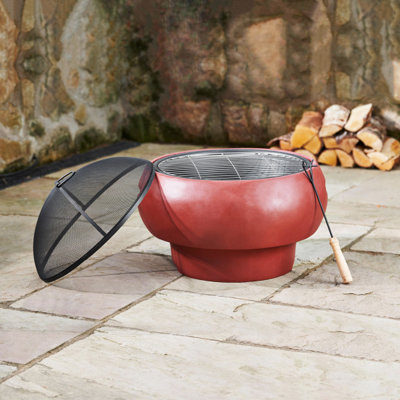 Teamson Home Outdoor Wood Burning Fire Pit, Round Concrete Garden Heater, Log Burner, Includes Lid & Poker - 53 x 53 x 47 (cm)