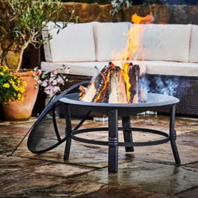 Teamson Home Outdoor Wood Burning Fire Pit, Round Metal Garden Heater, Log Burner, Includes Lid & Poker - 67 x 67 x 48 (cm)