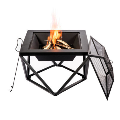 Teamson Home Outdoor Wood Burning Fire Pit, Square Metal Garden Heater, Log Burner, Includes Lid & Poker - 60 x 60 x 52 (cm)