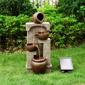 Teamson Home PT-SF0001 Stone/Bronze Solar-Powered 4 Tier Water Feature Cascading Fountain with Pump, Lights & Battery Back Up