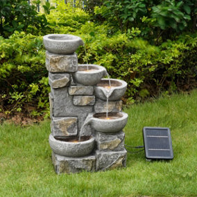 Teamson Home PT-SF0003 Grey Solar-Powered 4 Tier Water Feature Cascading Fountain with Pump, Lights & Battery Back Up