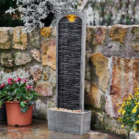 Teamson Home RJ-19041-UK Stone Grey Garden Water Feature Large Outdoor Straight Water Fountain with Pump & LED Lights