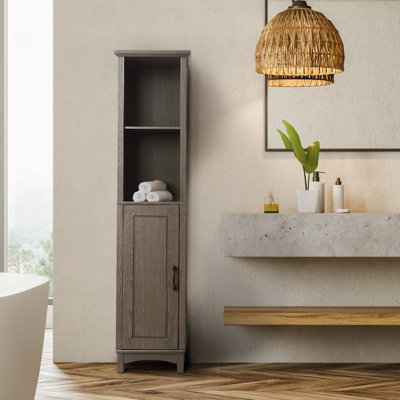 Teamson Home Tall Column Wooden Bathroom Cabinet with Door and Open Shelves Bathroom Storage Salt Oak