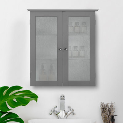 Teamson Home Wall Mounted Bathroom Cabinet with 2 Textured Glass Doors, Bathroom Storage, Grey