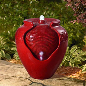 Teamson Home YG0034AZ-UK Red Garden Water Feature Glazed Pot Floor Fountain with Pump & LED Lights