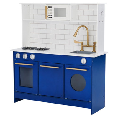 Teamson Kids Berlin Large Interactive Wooden Play Kitchen Playset Toy with 6 Accessories - Blue