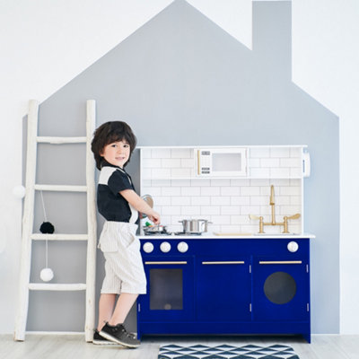 Teamson Kids Berlin Large Interactive Wooden Play Kitchen Playset Toy with 6 Accessories - Blue