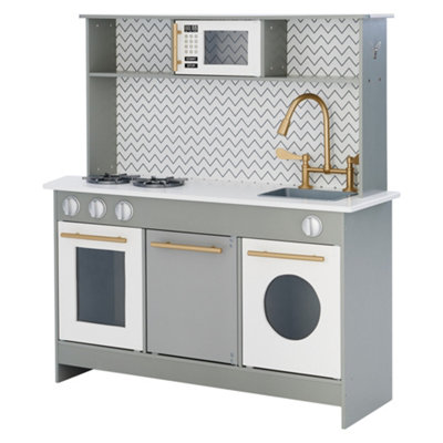 Teamson Kids Berlin Large Interactive Wooden Play Kitchen Playset Toy with 6 Accessories - Grey