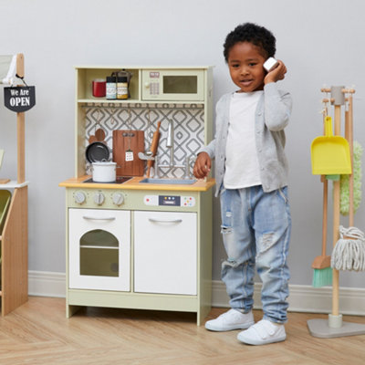 Teamson Kids Boston Interactive Wooden Play Kitchen Playset Toy with 9 Accessories - White/Green