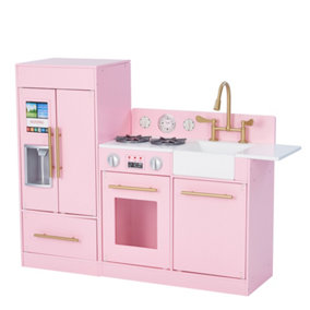 Teamson Kids Chelsea Large 2 Pcs Interactive Wooden Play Kitchen Playset with 3 Accessories - Pink