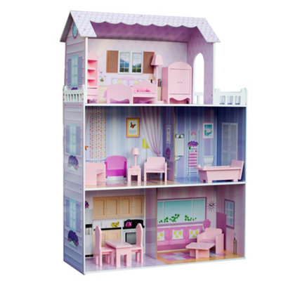 Teamson Kids Dreamland 3-Story Wooden Dollhouse with 12pc Accessory Set for 12" Dolls