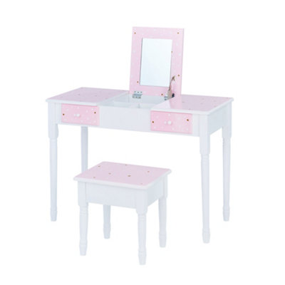 Teamson Kids Dressing Table, Play Vanity Set with Foldable Mirror & Stool -  Pink/White