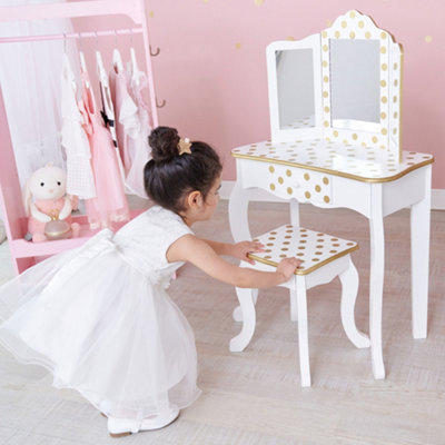 Teamson Kids Dressing Table Play Vanity Set with LED Mirror Light Stool White Gold Polka